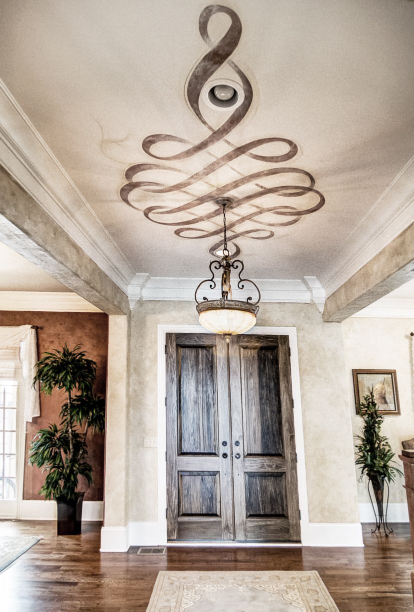 European plaster walls with a hand painted metallic Modello ceiling fresco