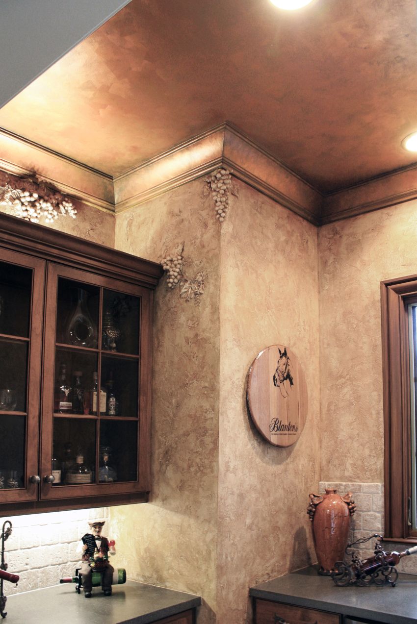 Faux Décor’s sculpted grapes and Tuscany plastered walls and faux copper ceiling for this Brentwood customer’s wine room new large