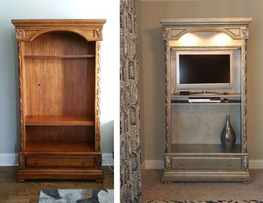Nashville Faux Finishing tv stand before and after