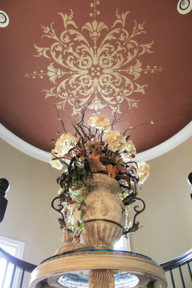 Stencil designed ceiling with warm overglaze