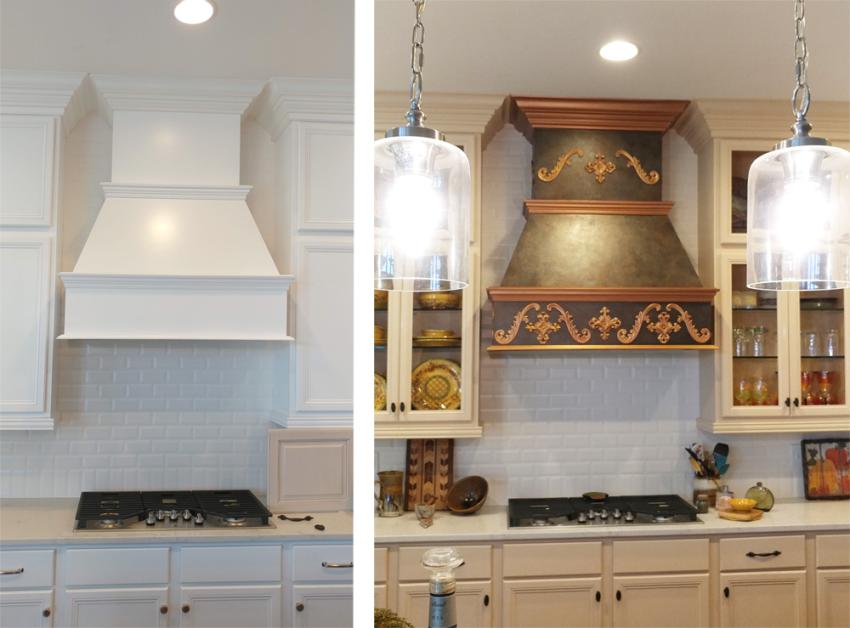 before and after kitchen cabinets and faux copper stove hood3